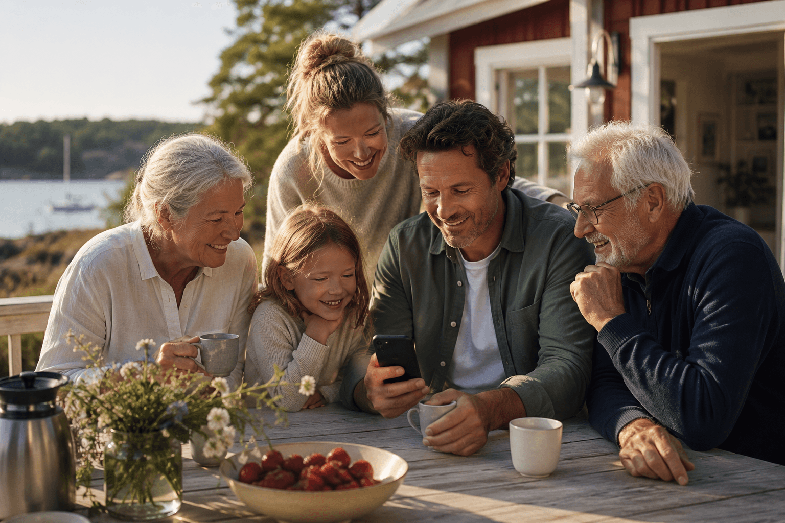 Familj samlad utomhus runt en telefon